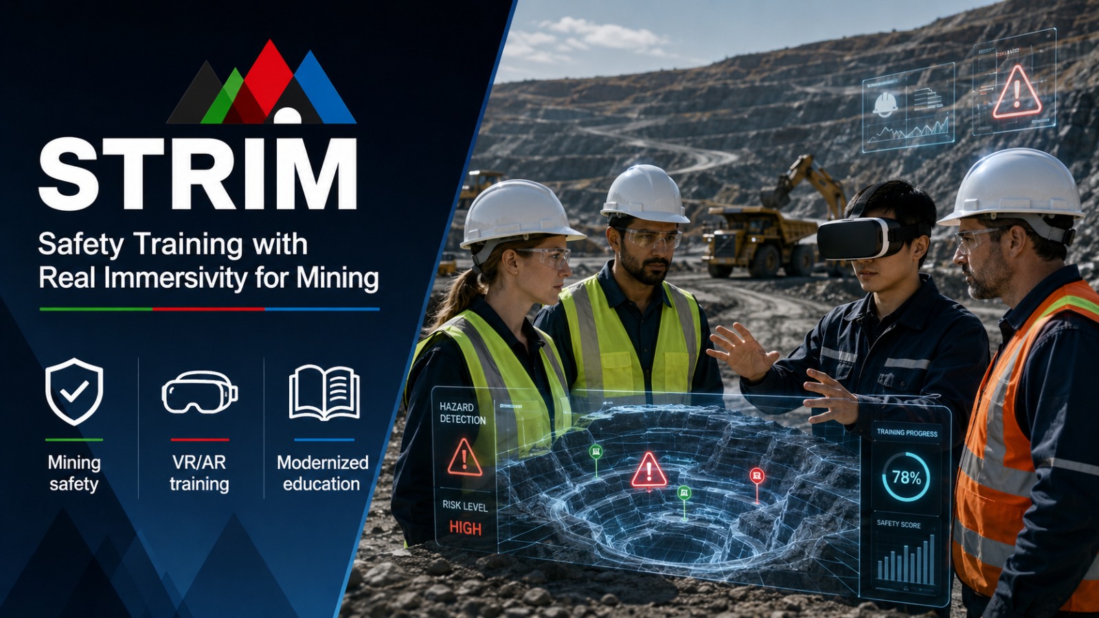 Mining professionals reviewing an AR hazard-detection overlay of an open-pit mine, with a colleague wearing a VR headset